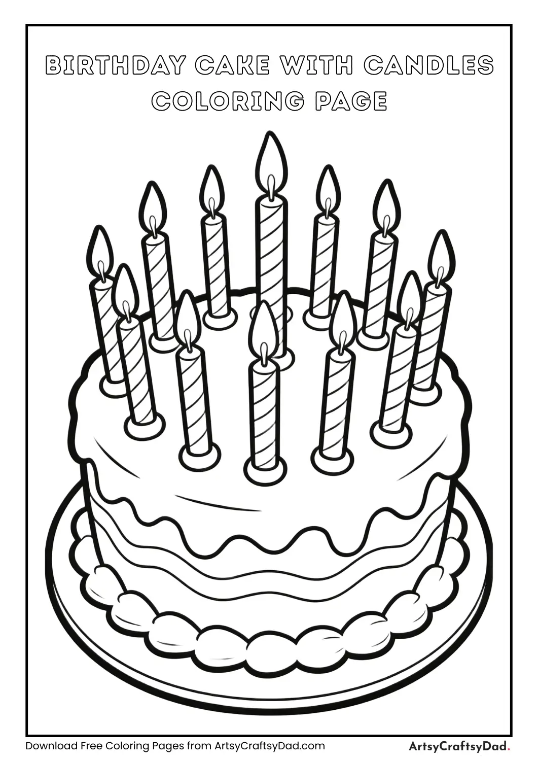 Birthday cake with candles black and white coloring page for kids