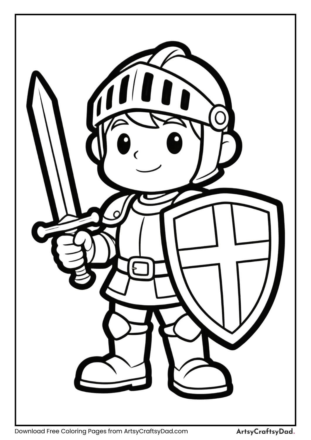 Brave knight standing with a sword and shield coloring page
