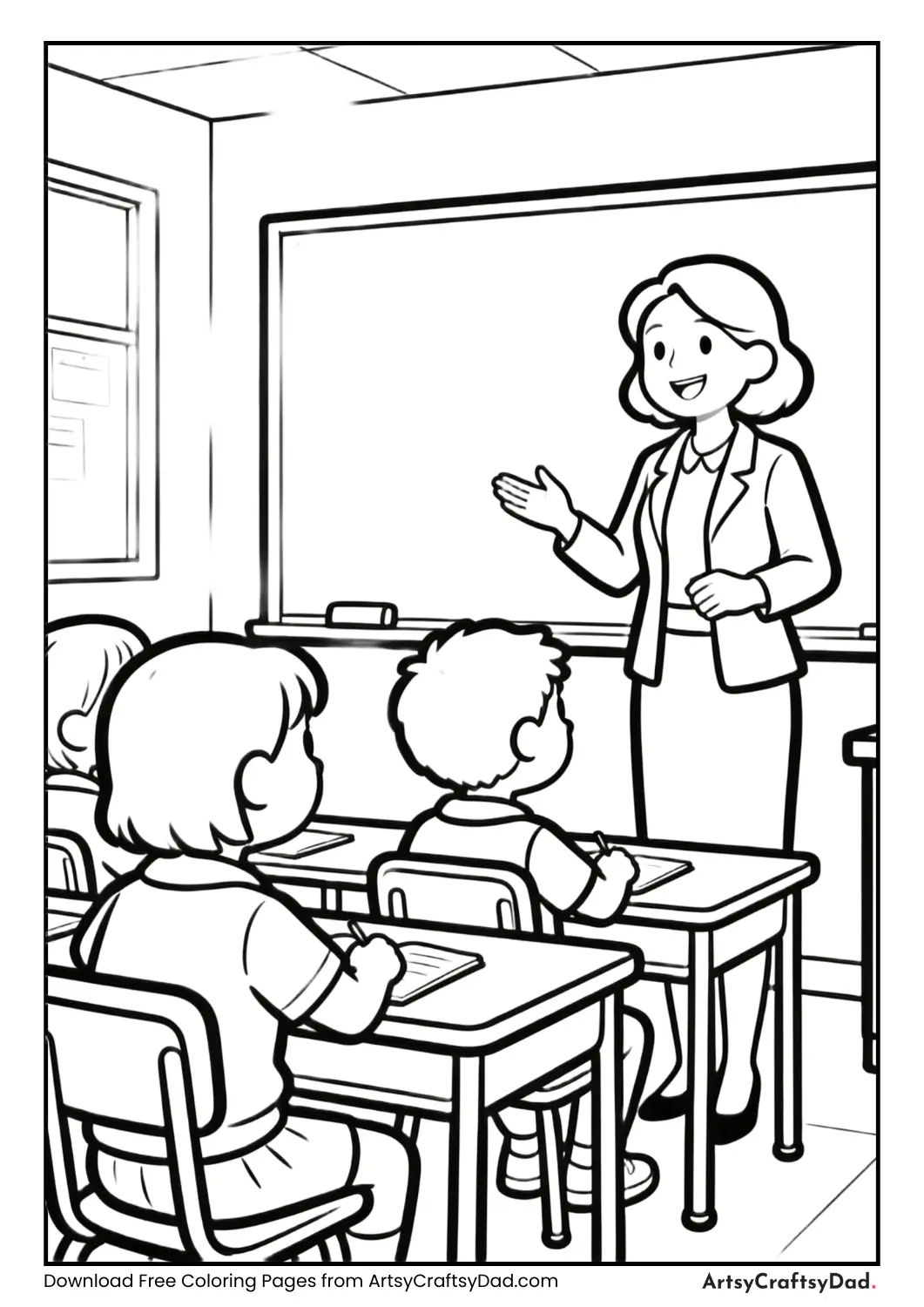 Cheerful classroom with teacher and students sitting at desks