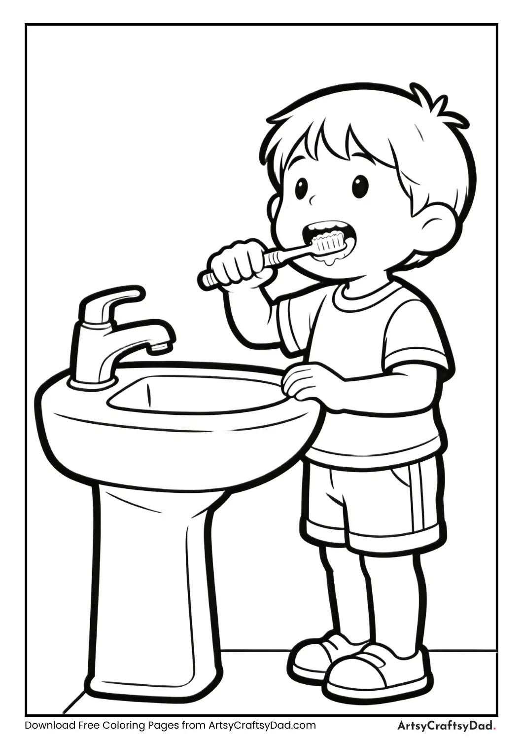 Child brushing teeth showing good hygiene habit coloring page