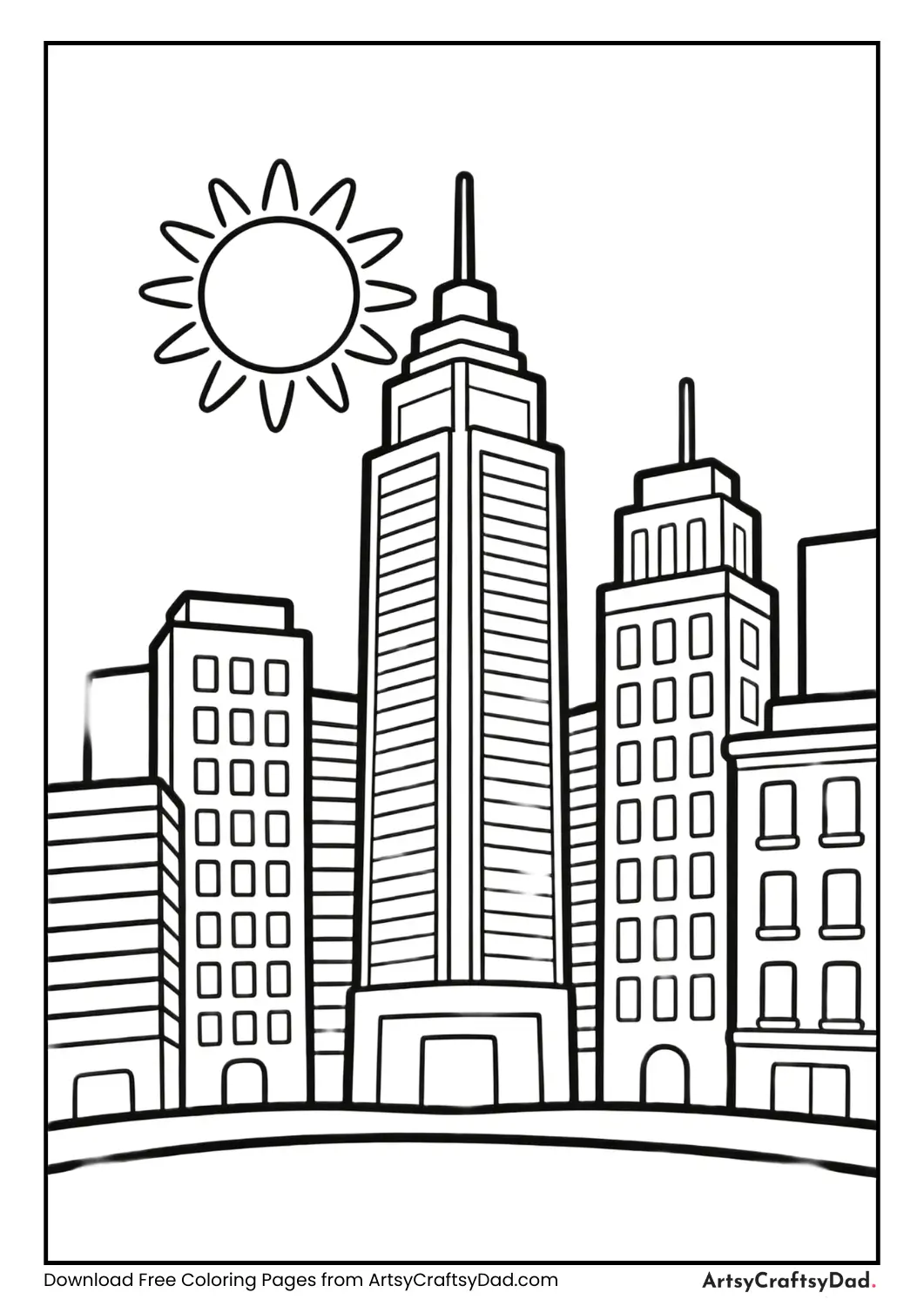 City skyline with tall buildings and sun outline for coloring