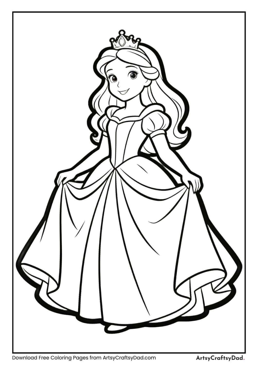 Black and white coloring page of a Disney-style princess in a long gown