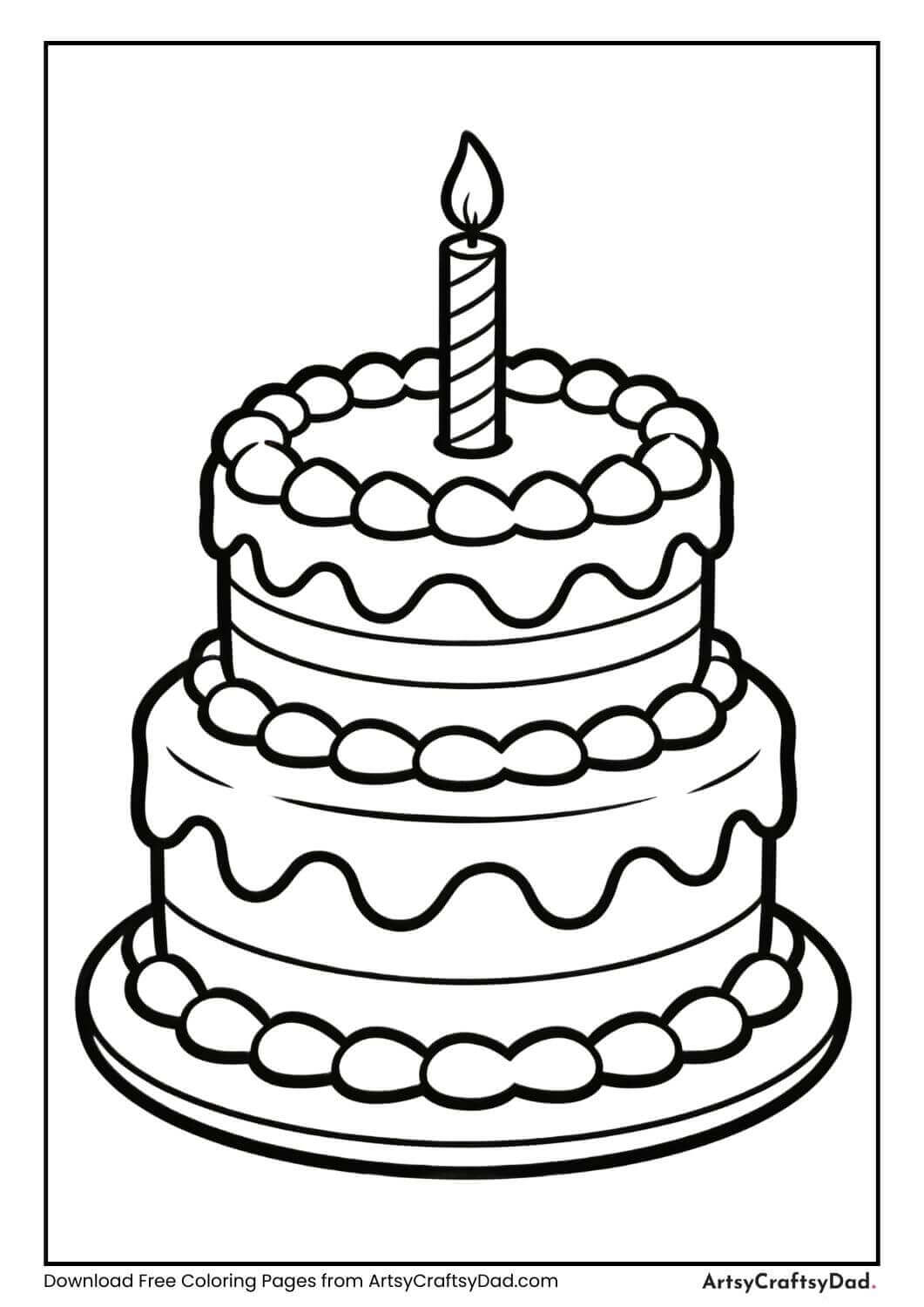 Black and white single-tier birthday cake coloring page for kids