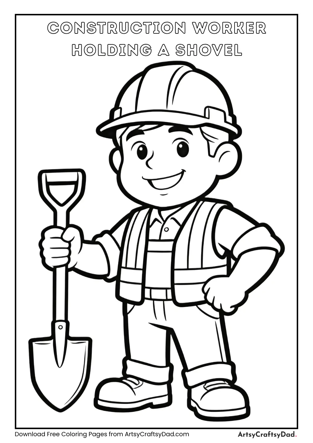 Black and white coloring page of a construction worker holding a shovel