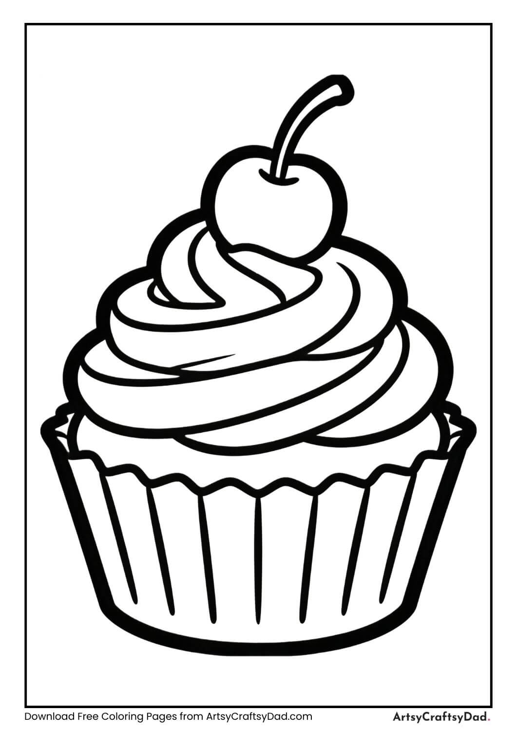 Single cupcake with cherry on top black and white coloring page