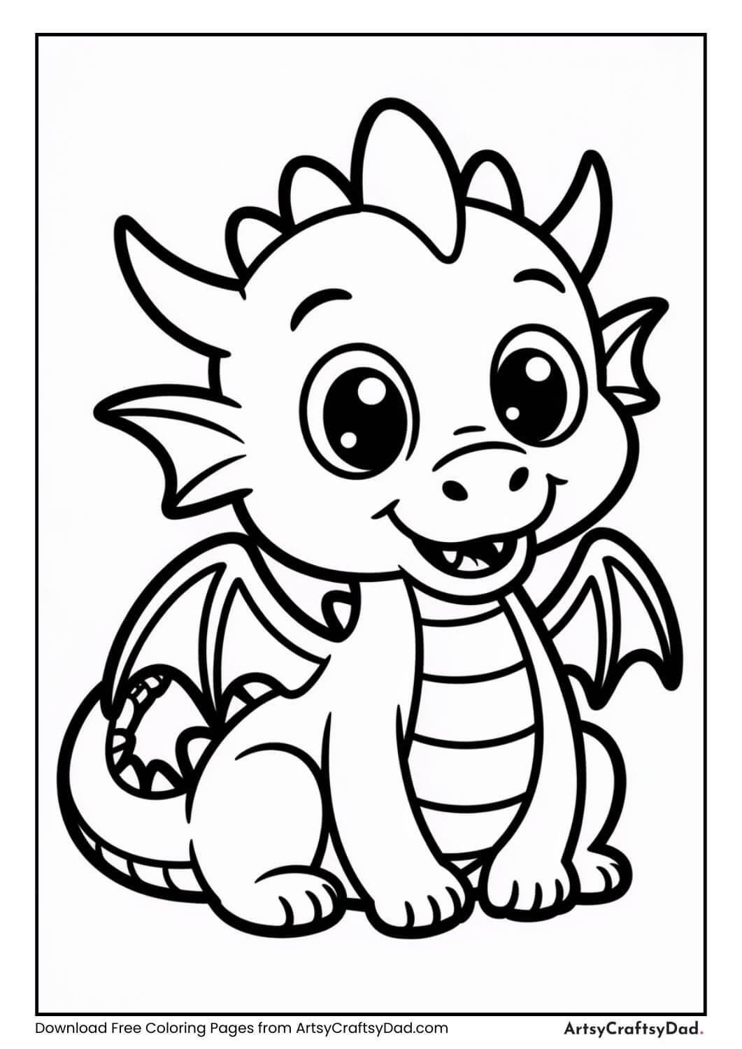 Cute baby dragon sitting and smiling black and white coloring page