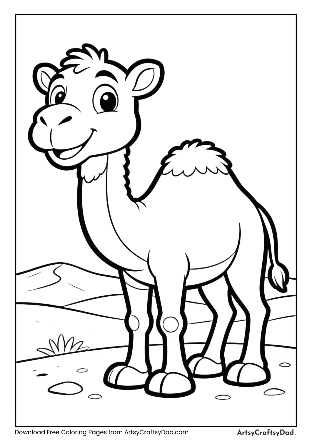 Cute cartoon camel black and white coloring page for kids