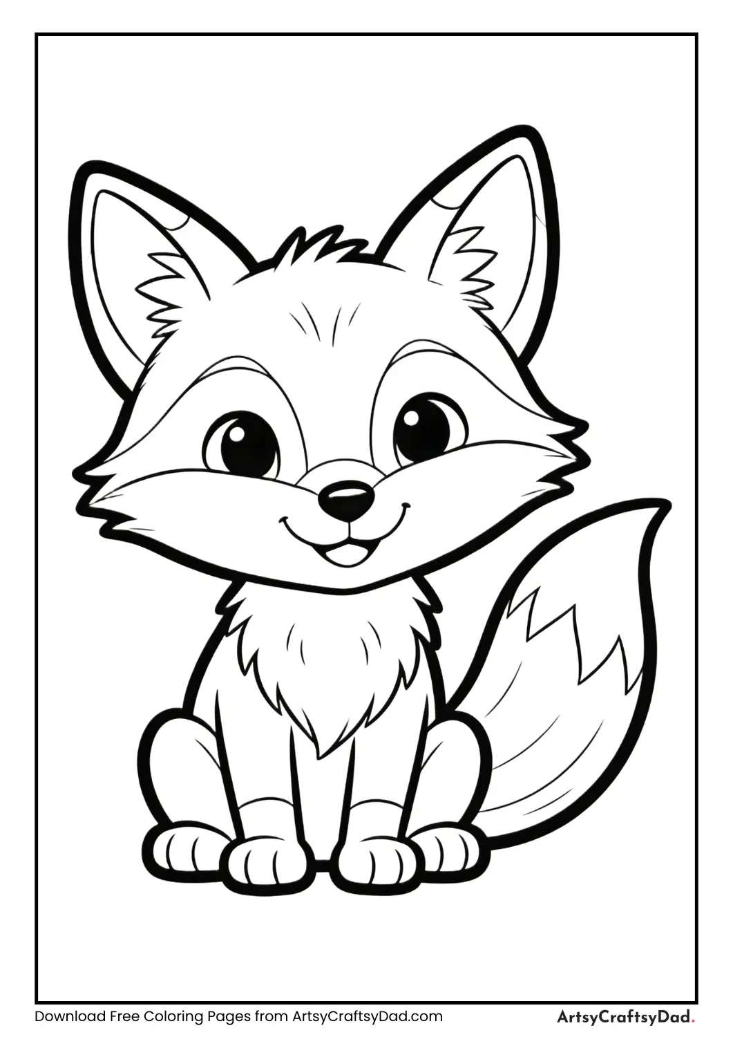 Cute fox sitting black and white coloring page for kids