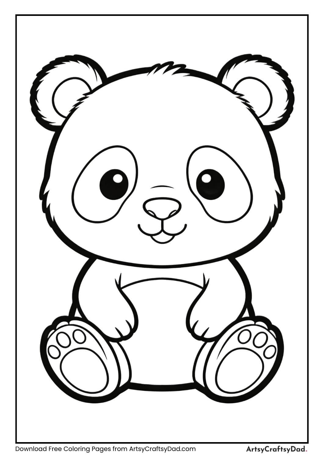Cute panda sitting black and white coloring page for kids