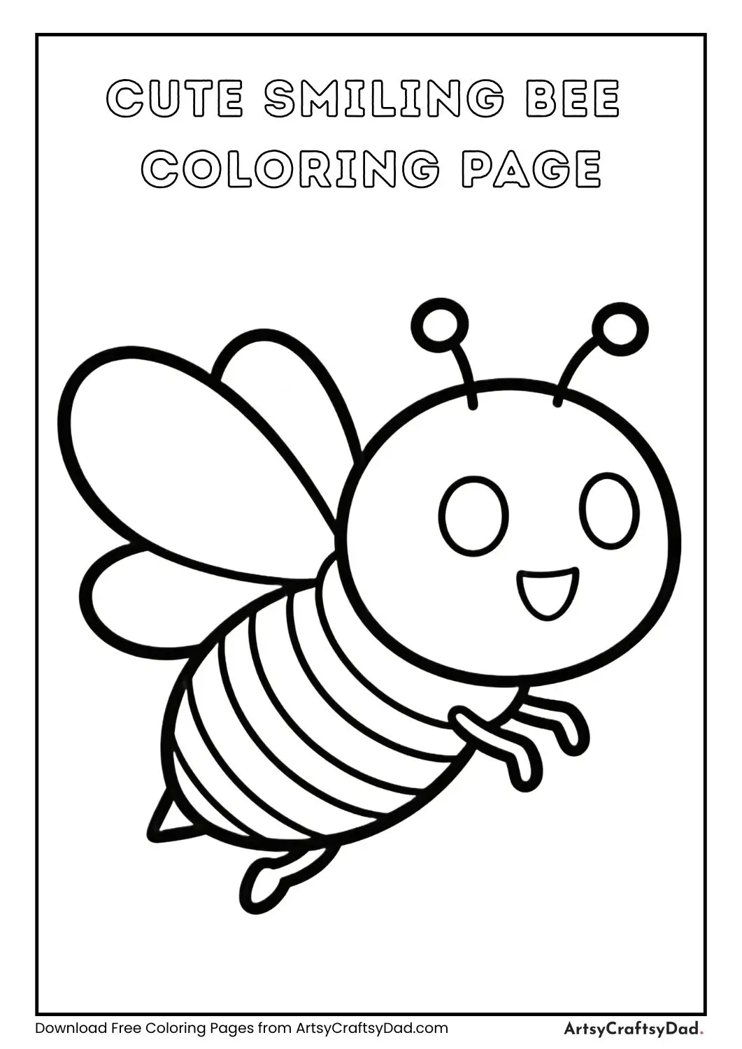 Cute smiling bee black and white coloring page for kids