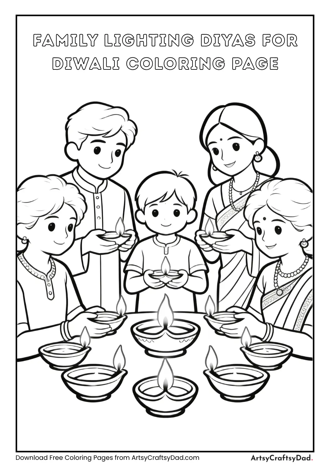 Family lighting diyas together during Diwali festival coloring page