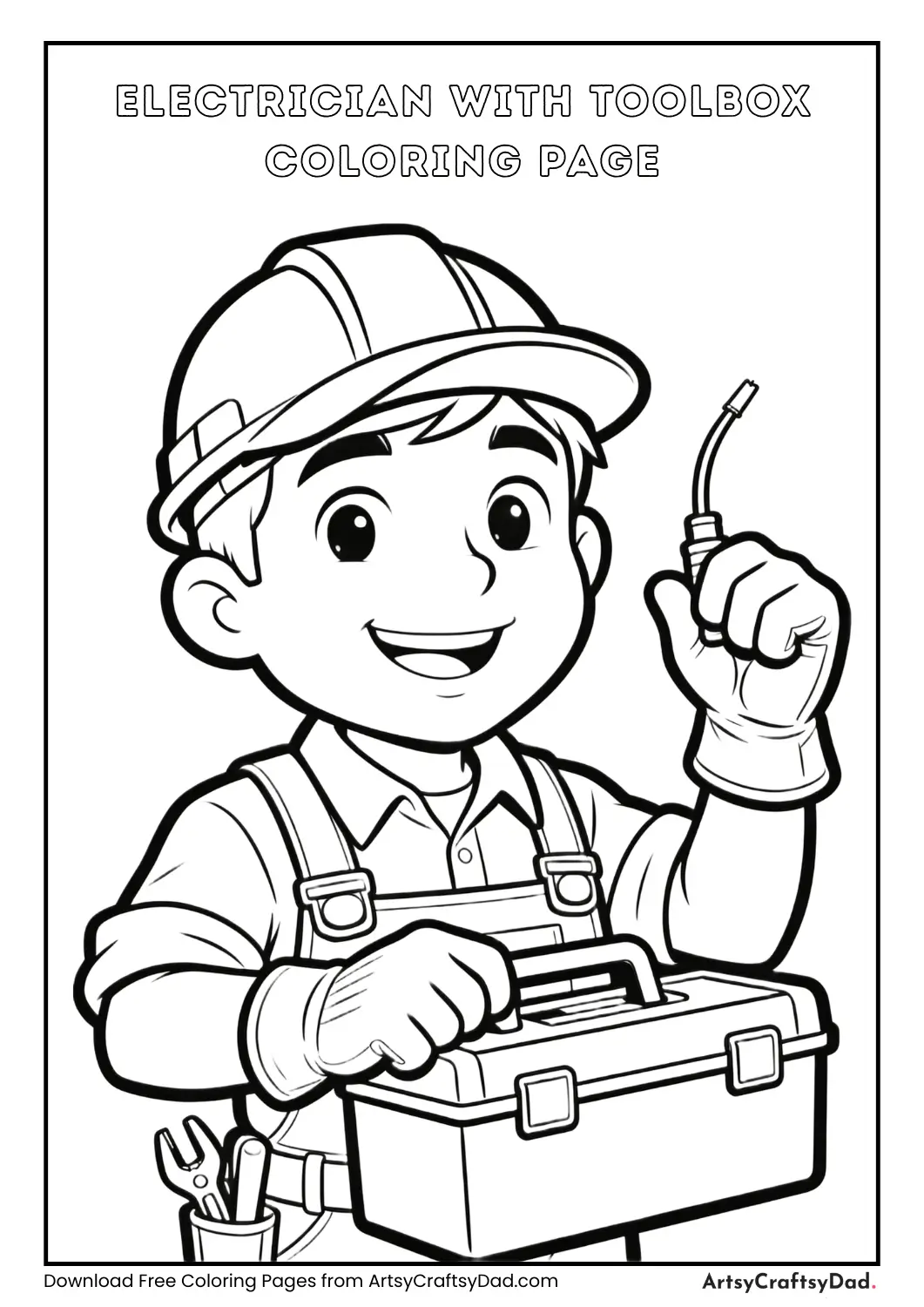 Electrician holding a toolbox black and white coloring page for kids