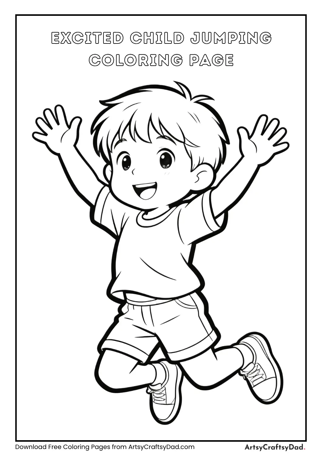 Excited child jumping with happiness coloring page