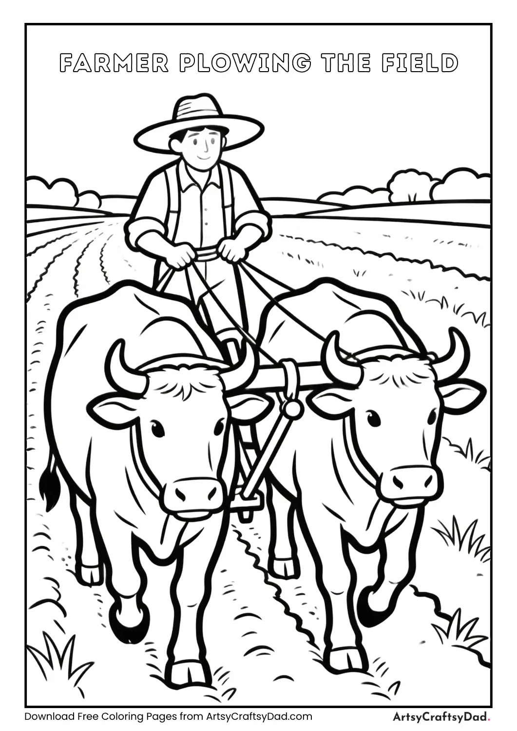 Farmer plowing a field with oxen black and white coloring page for kids
