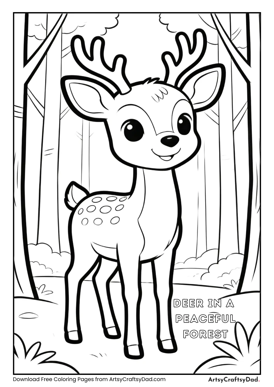 Black and white coloring page of a deer standing in a forest