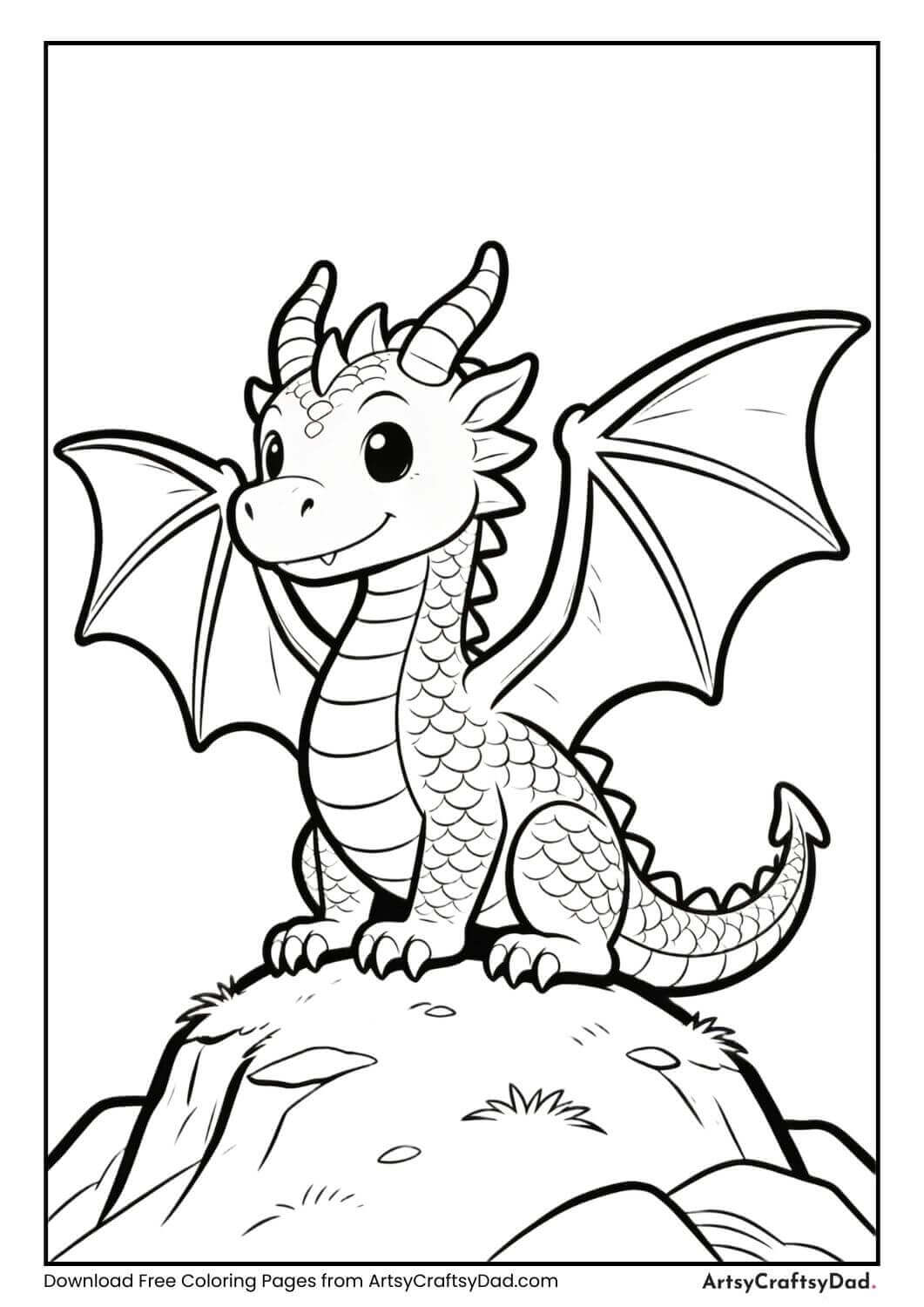 Friendly dragon sitting on a hill coloring page for kids