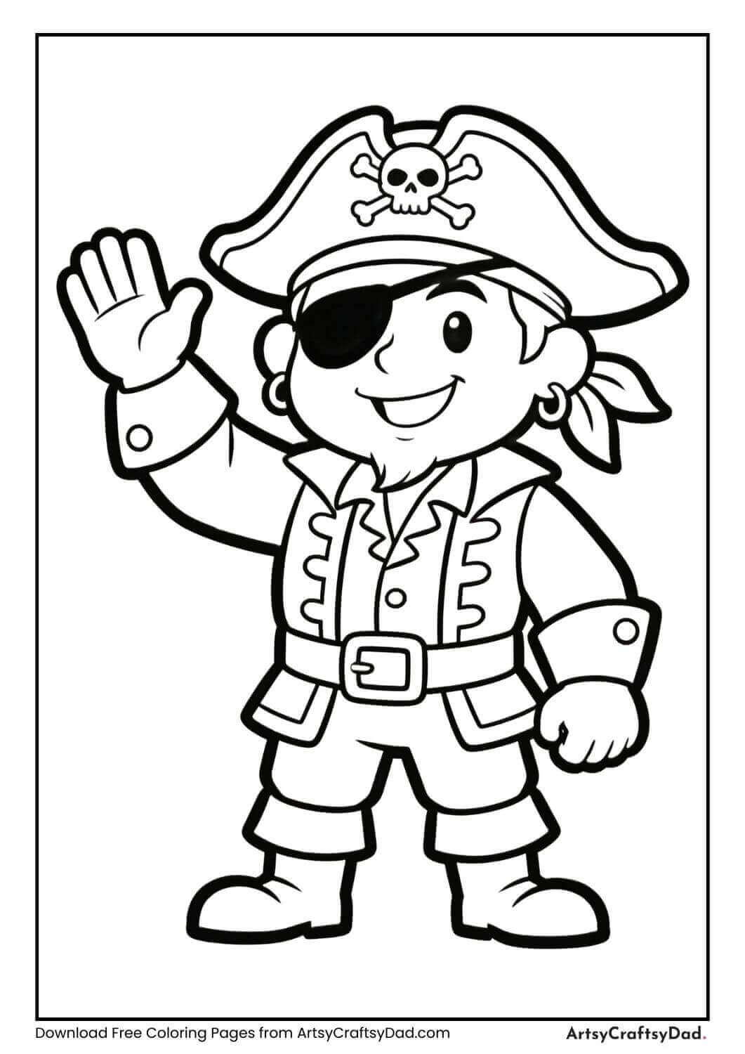 Friendly pirate captain smiling with a hat and eye patch coloring page