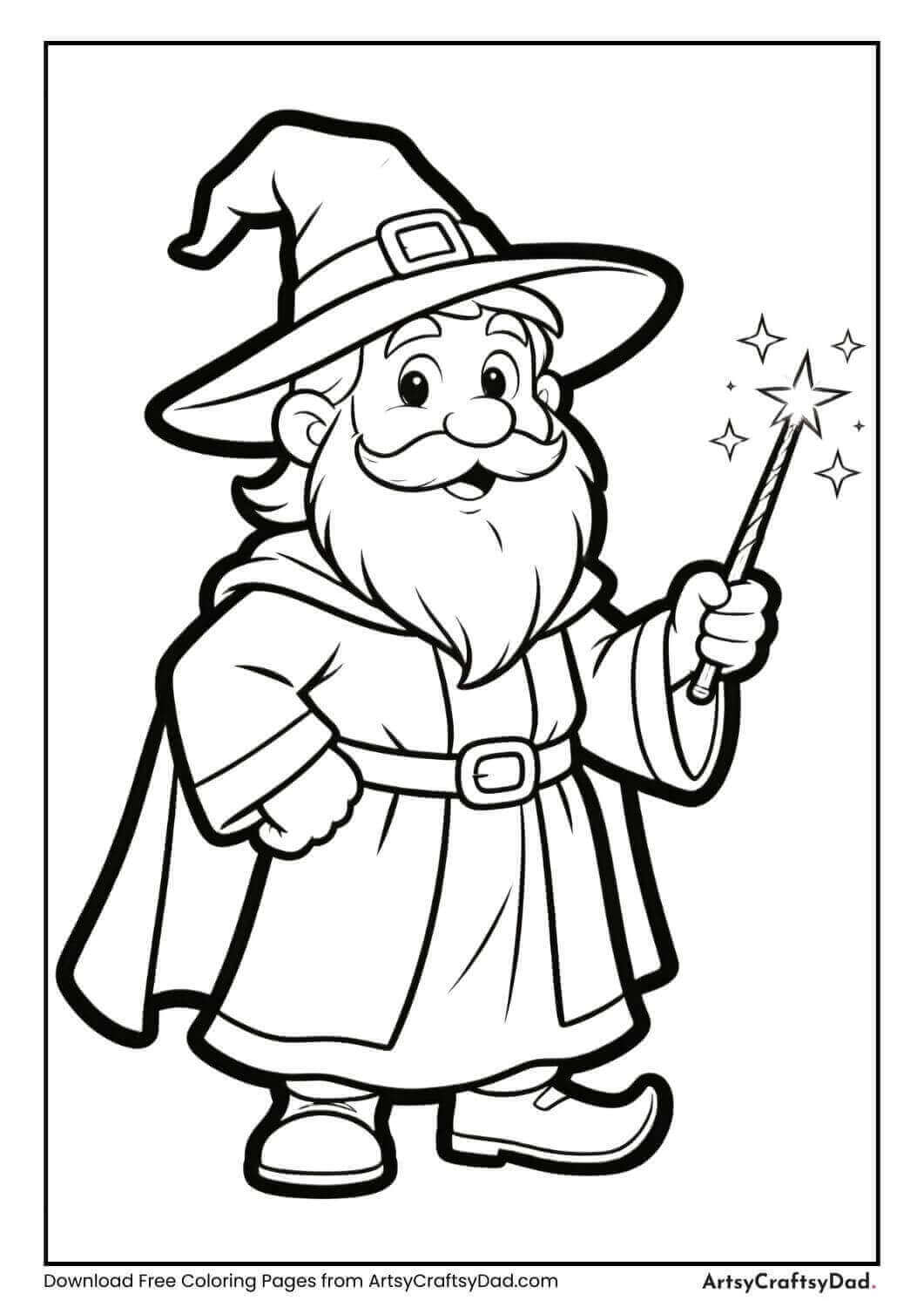 Friendly wizard holding a sparkling magic wand