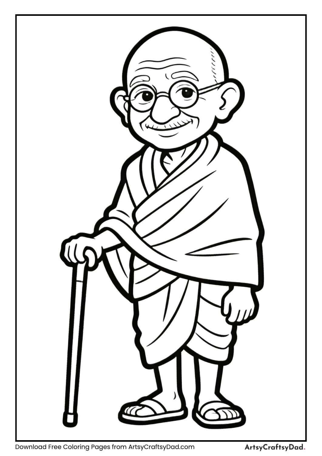 Mahatma Gandhi standing with a walking stick black and white coloring page