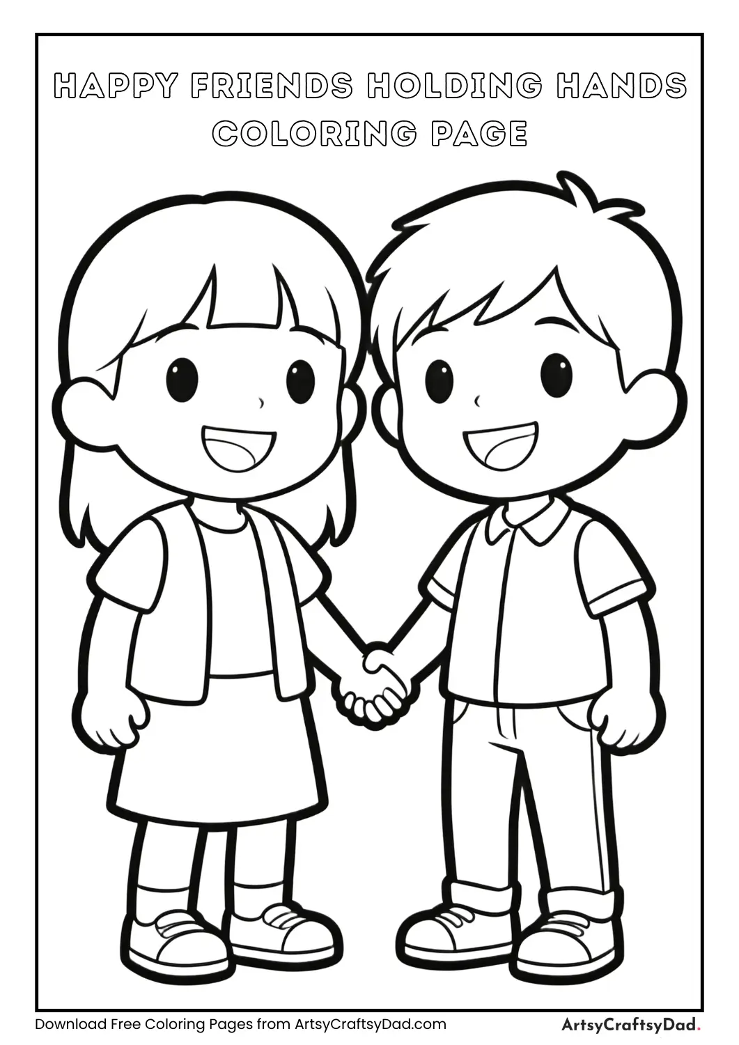 Black and white coloring page of two happy friends holding hands