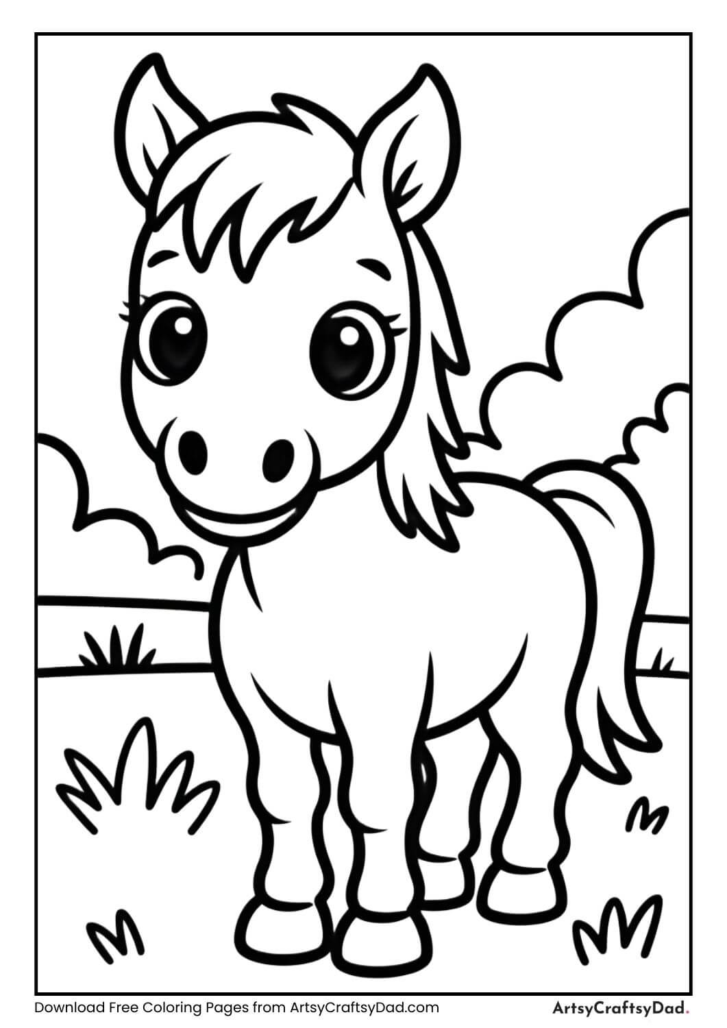 Cute cartoon horse coloring page for kids