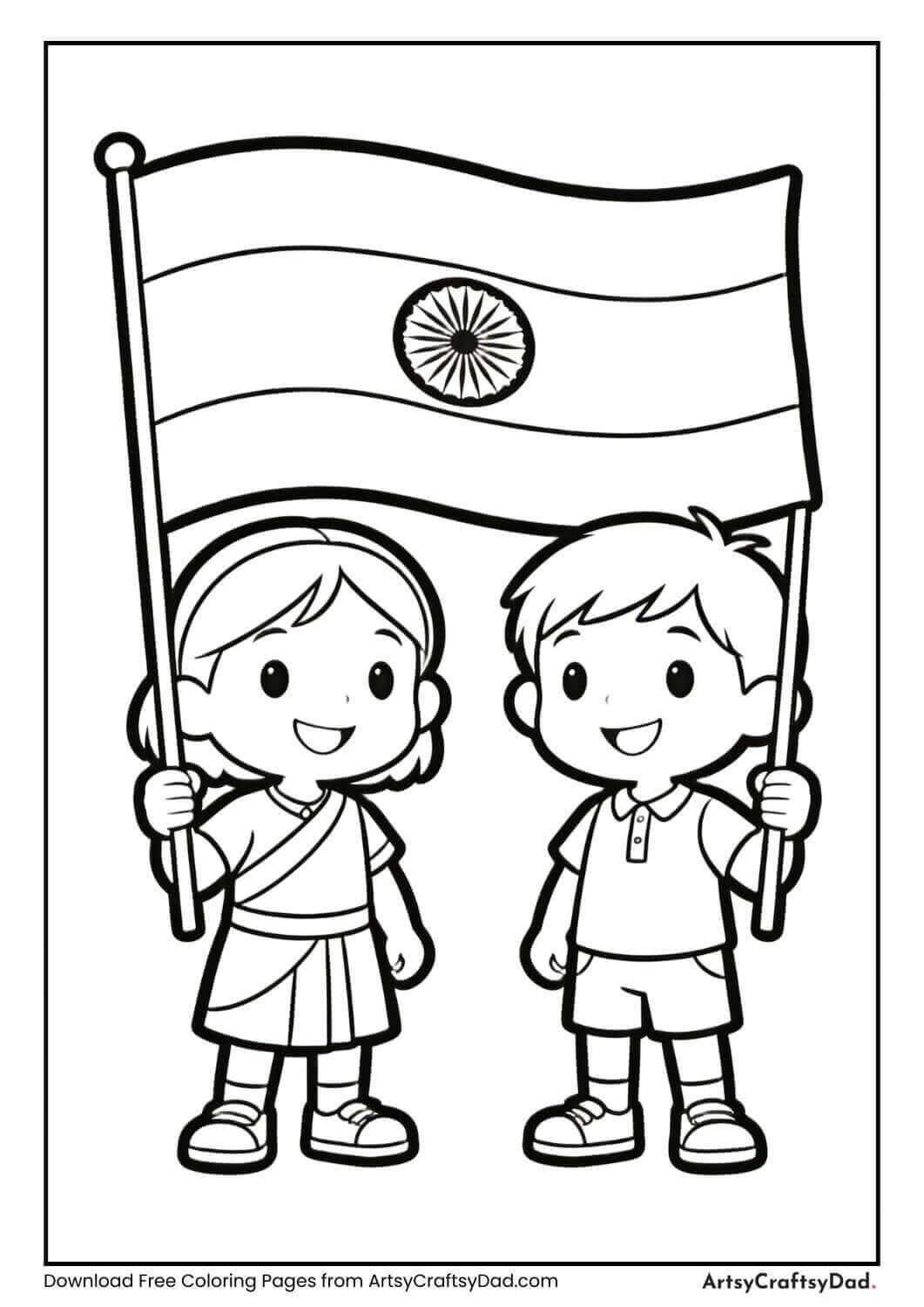 Children holding Indian national flag Republic Day coloring page