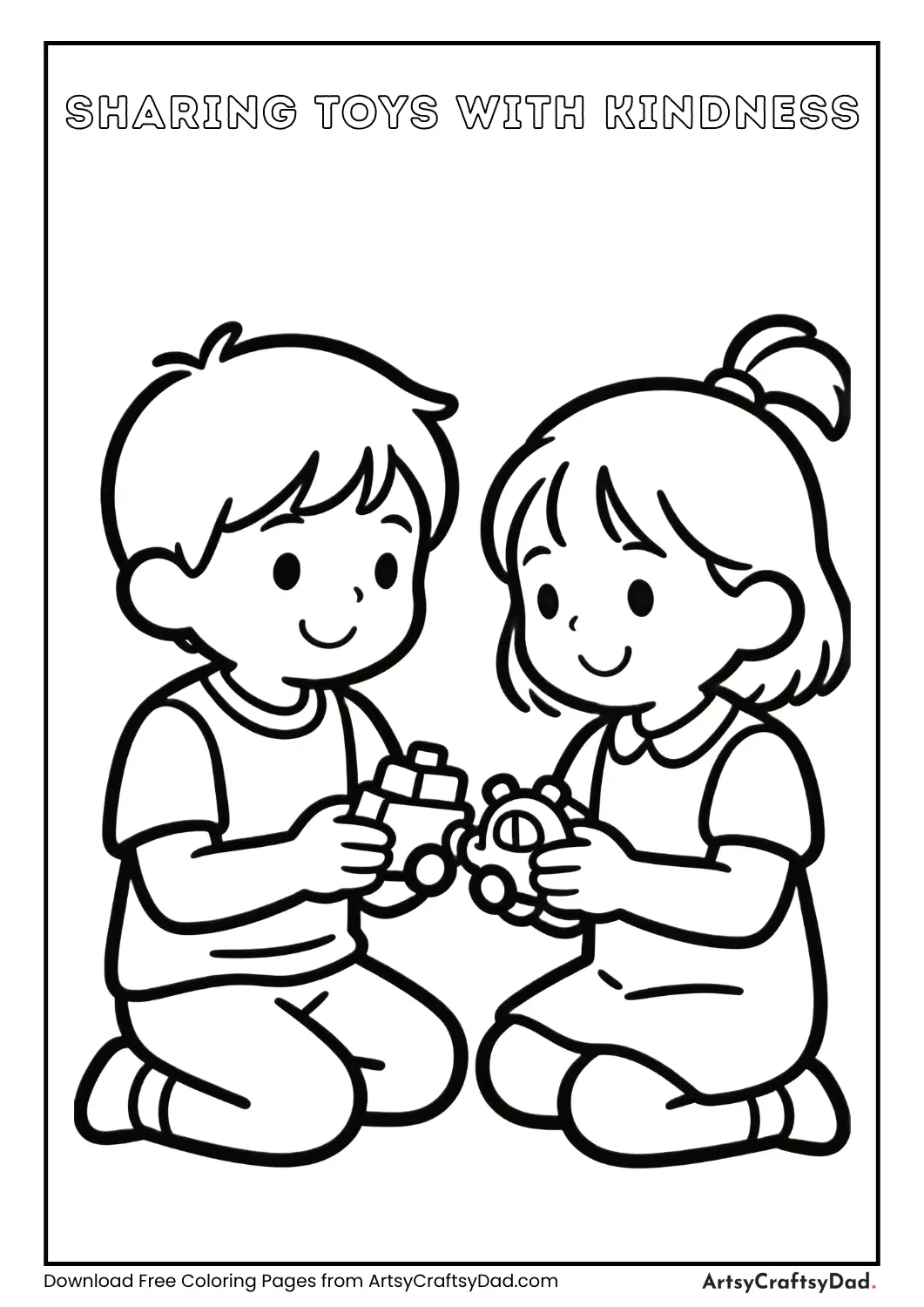 Child sharing toys with a friend kindness coloring page