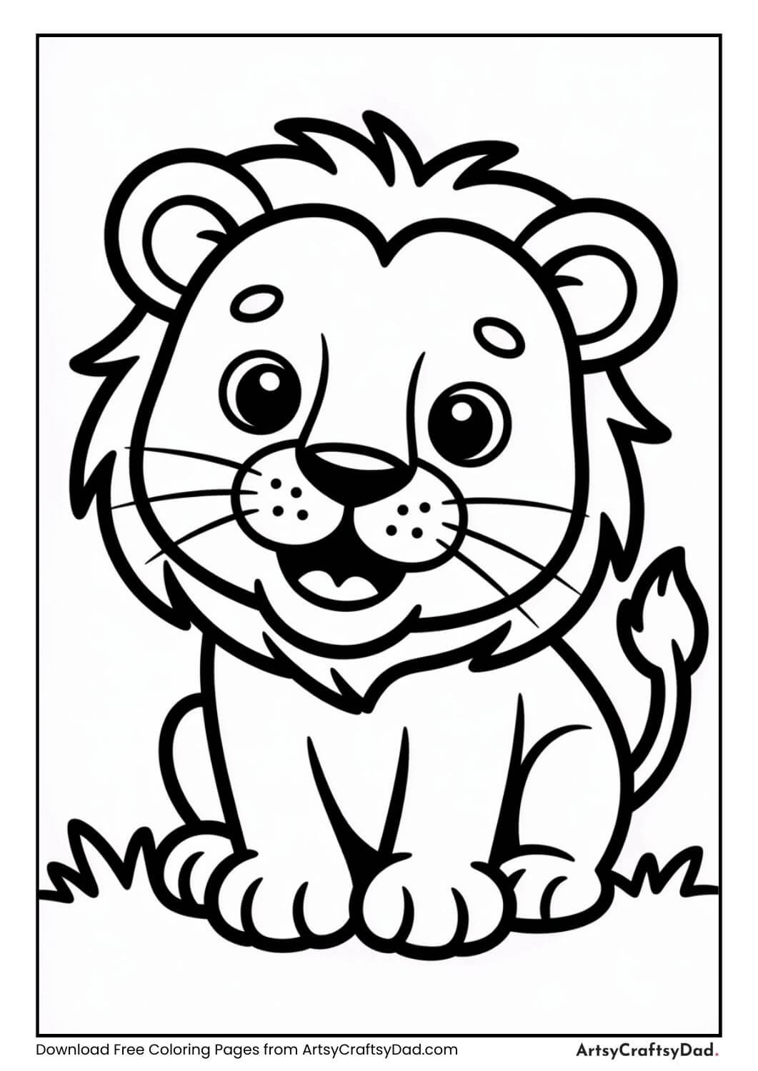 Cute lion sitting on grass coloring page