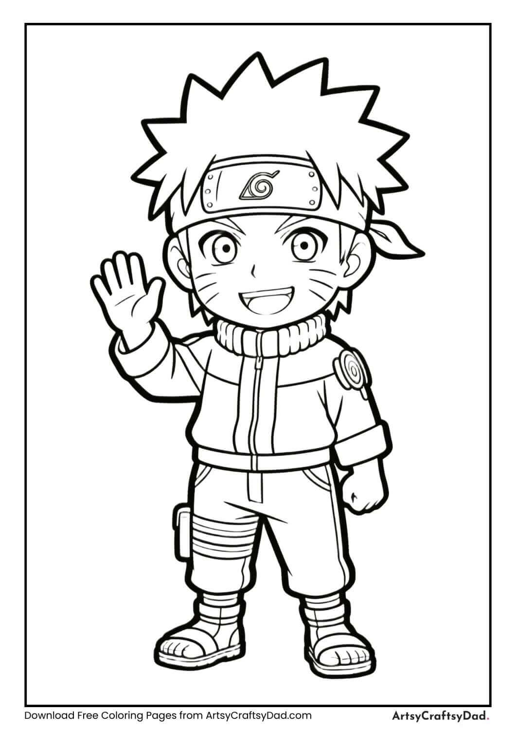 Naruto Uzumaki smiling and waving, black and white coloring page