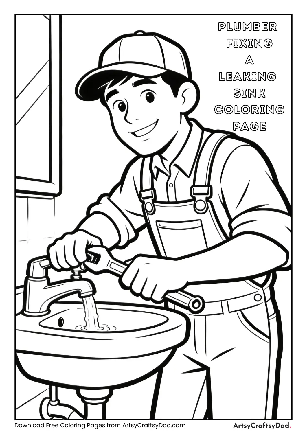 Plumber fixing a leaking sink coloring page for kids