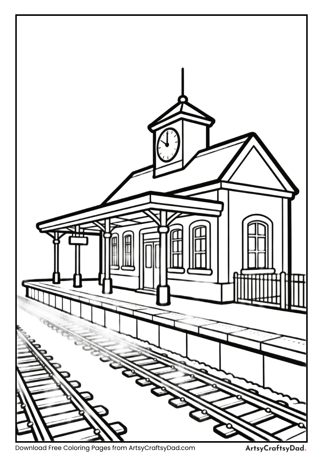 Railway station building with clock black and white coloring page