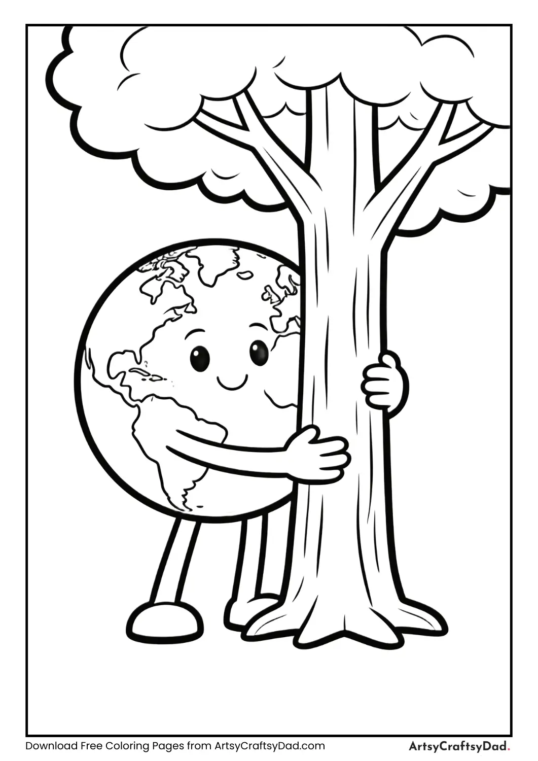 Smiling Earth hugging a tree coloring page for kids