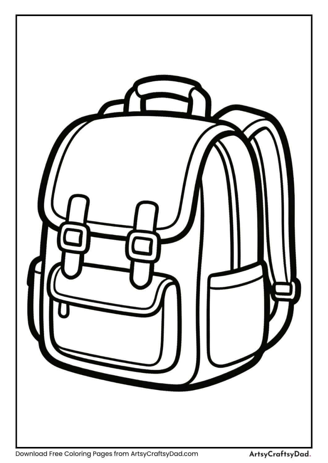 Black and white coloring page of a school backpack