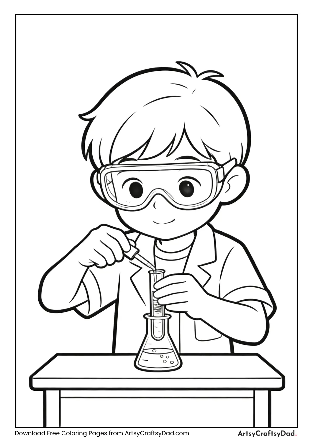Child mixing liquids in test tubes during a science experiment coloring page