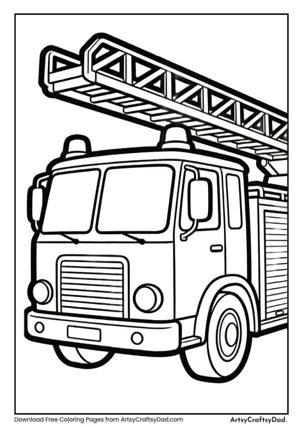 Simple fire truck with ladder coloring page for kids