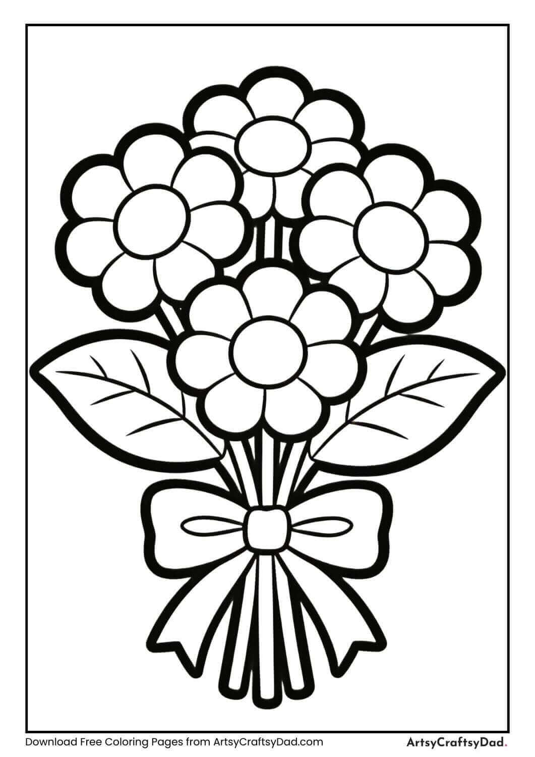 Simple flower bouquet black and white coloring page for kids
