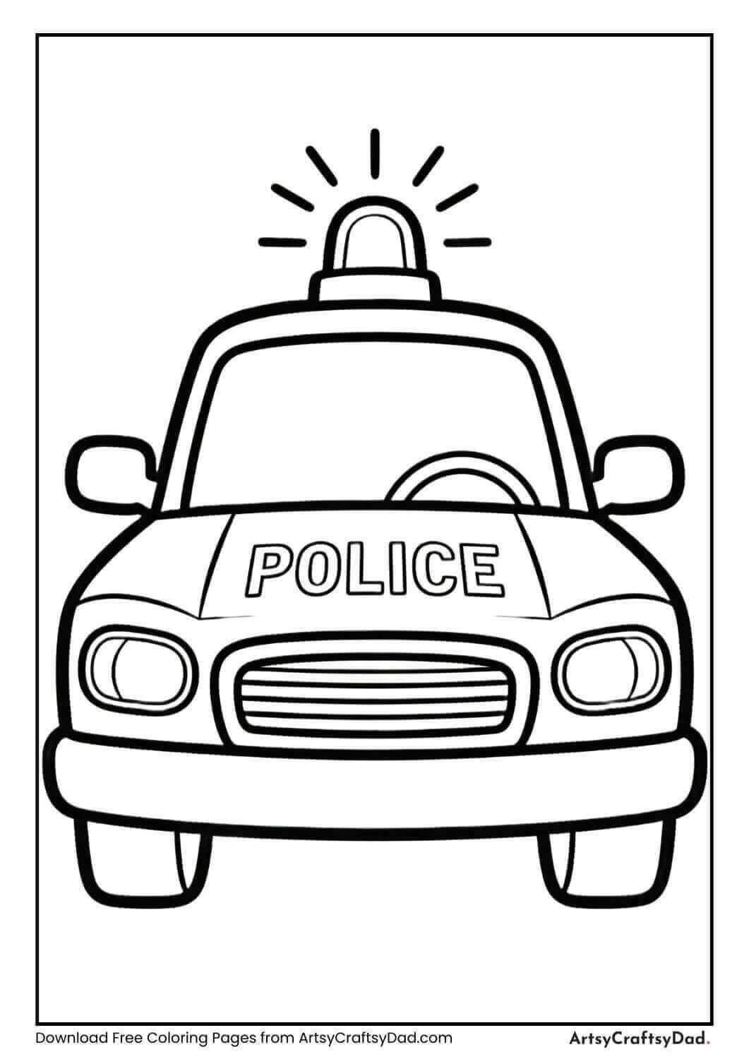 Simple police car black and white coloring page for kids