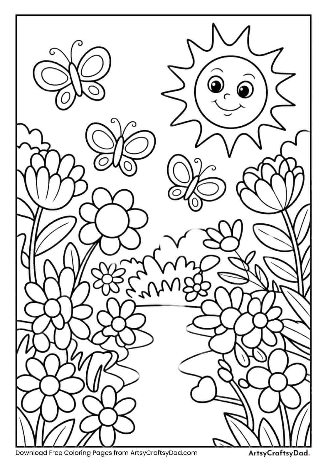 Children coloring a spring garden with flowers and butterflies.