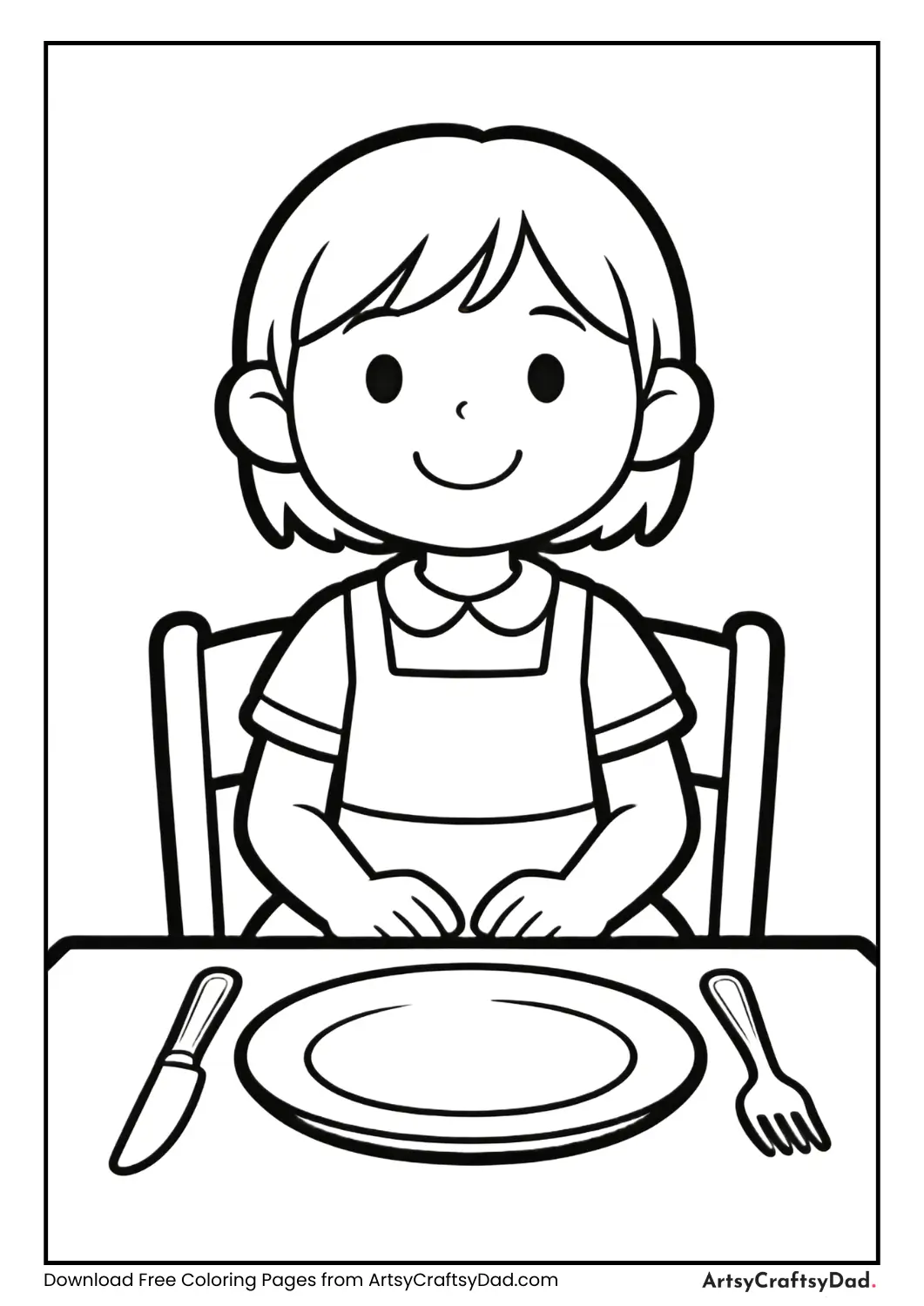 Child sitting properly at the dining table coloring page