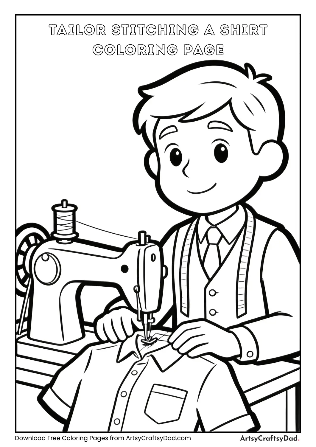 Tailor stitching a shirt on a sewing machine black and white coloring page