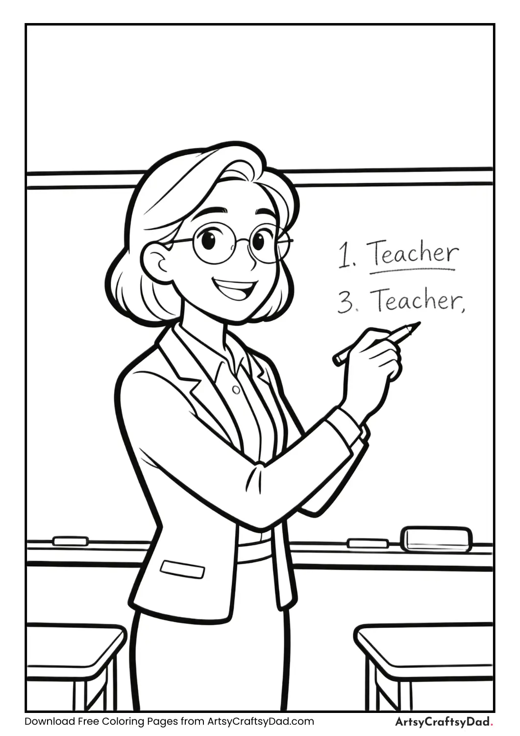Teacher writing words on blackboard coloring page for kids
