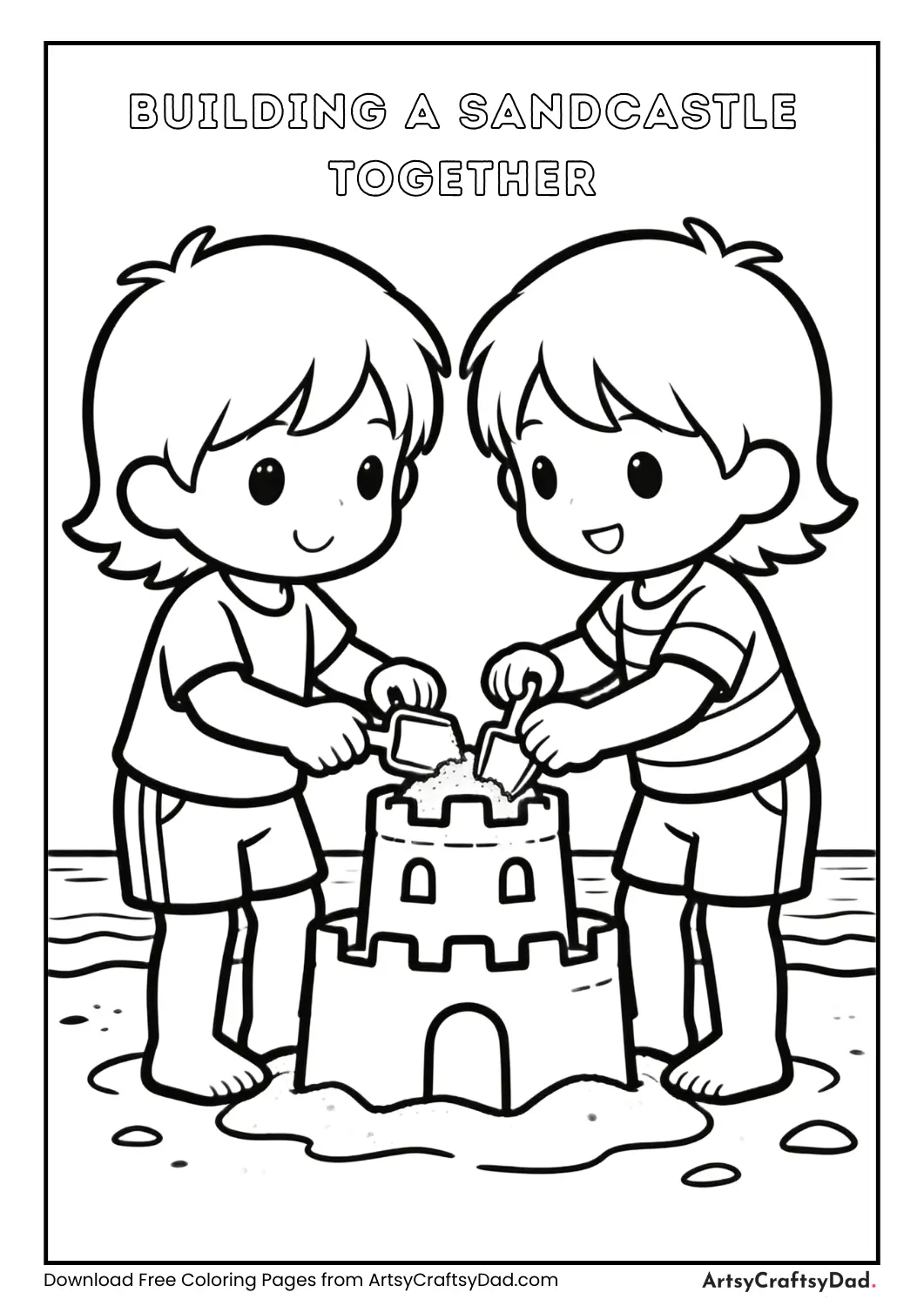 Children building a sandcastle together at the beach.