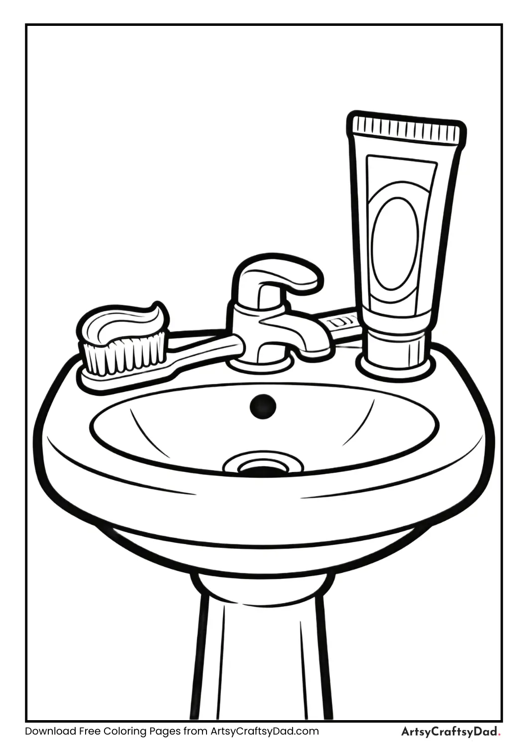Black and white toothbrush and toothpaste coloring page for kids