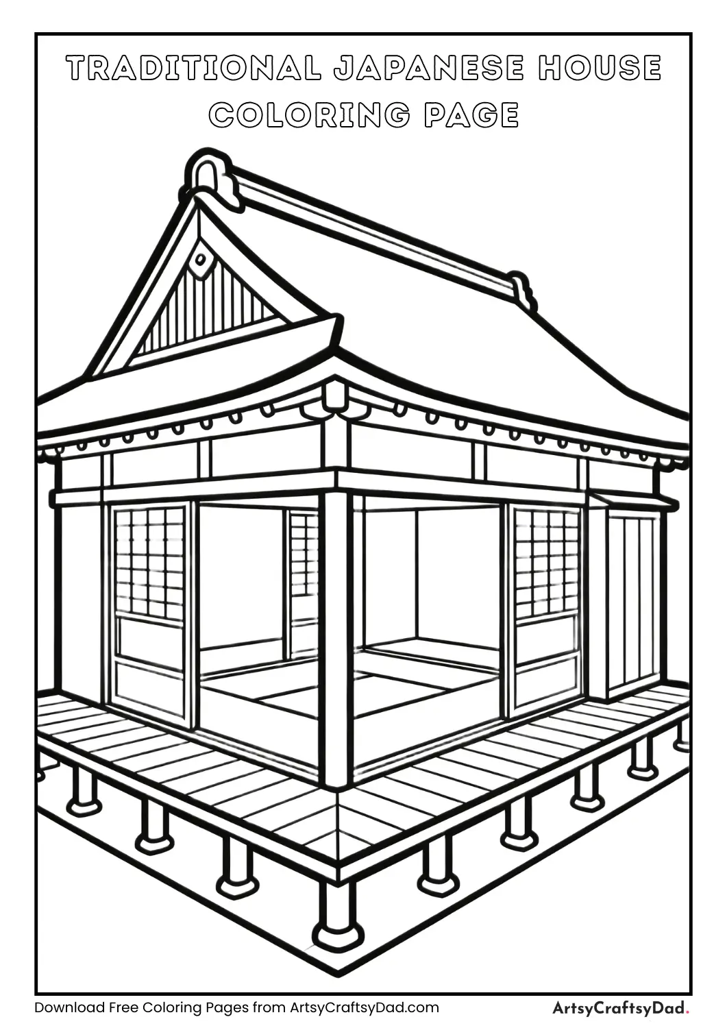 Black and white coloring page of a traditional Japanese house