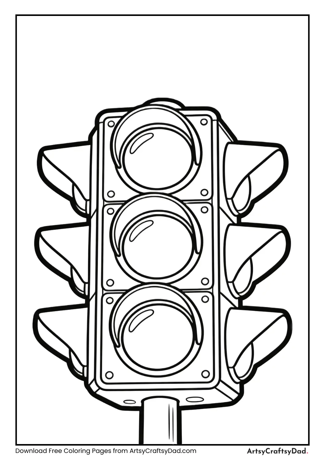 Black and white coloring page of a traffic light with red, yellow, and green lights.