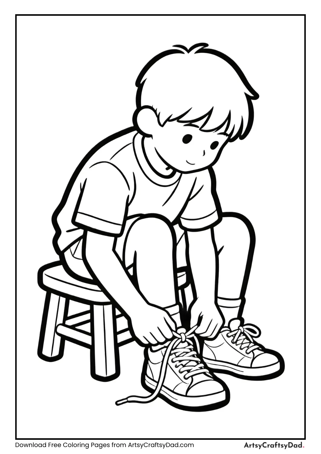 Child tying shoelaces on sneakers in a black and white coloring page