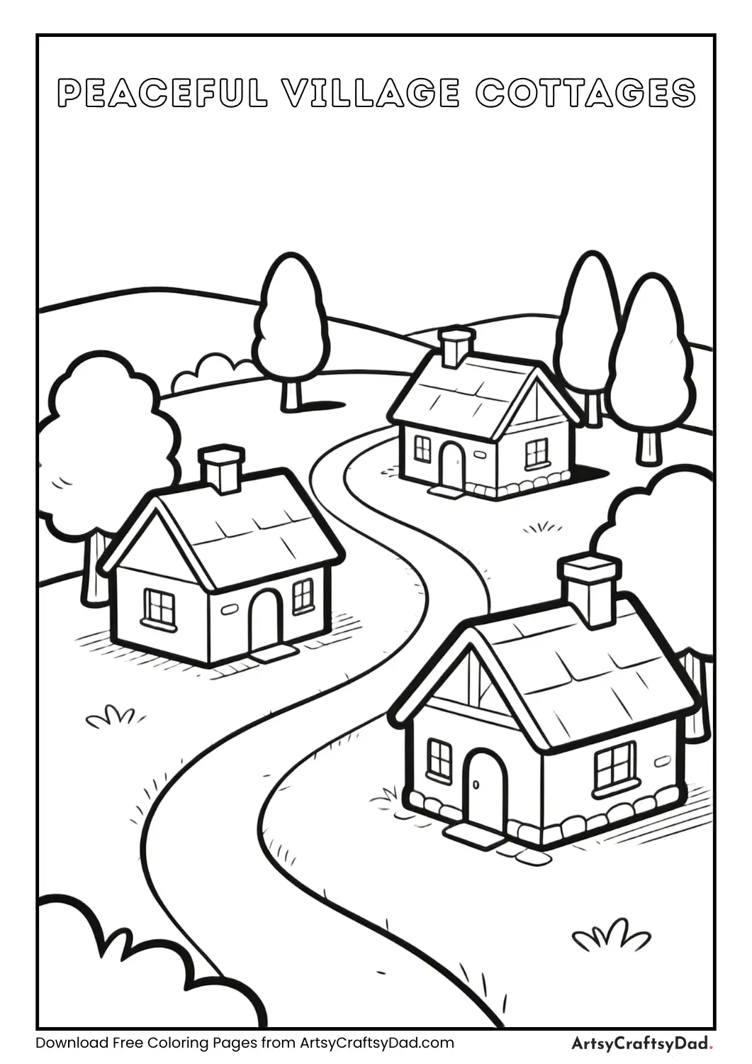 Small cottages with trees in a peaceful village scene