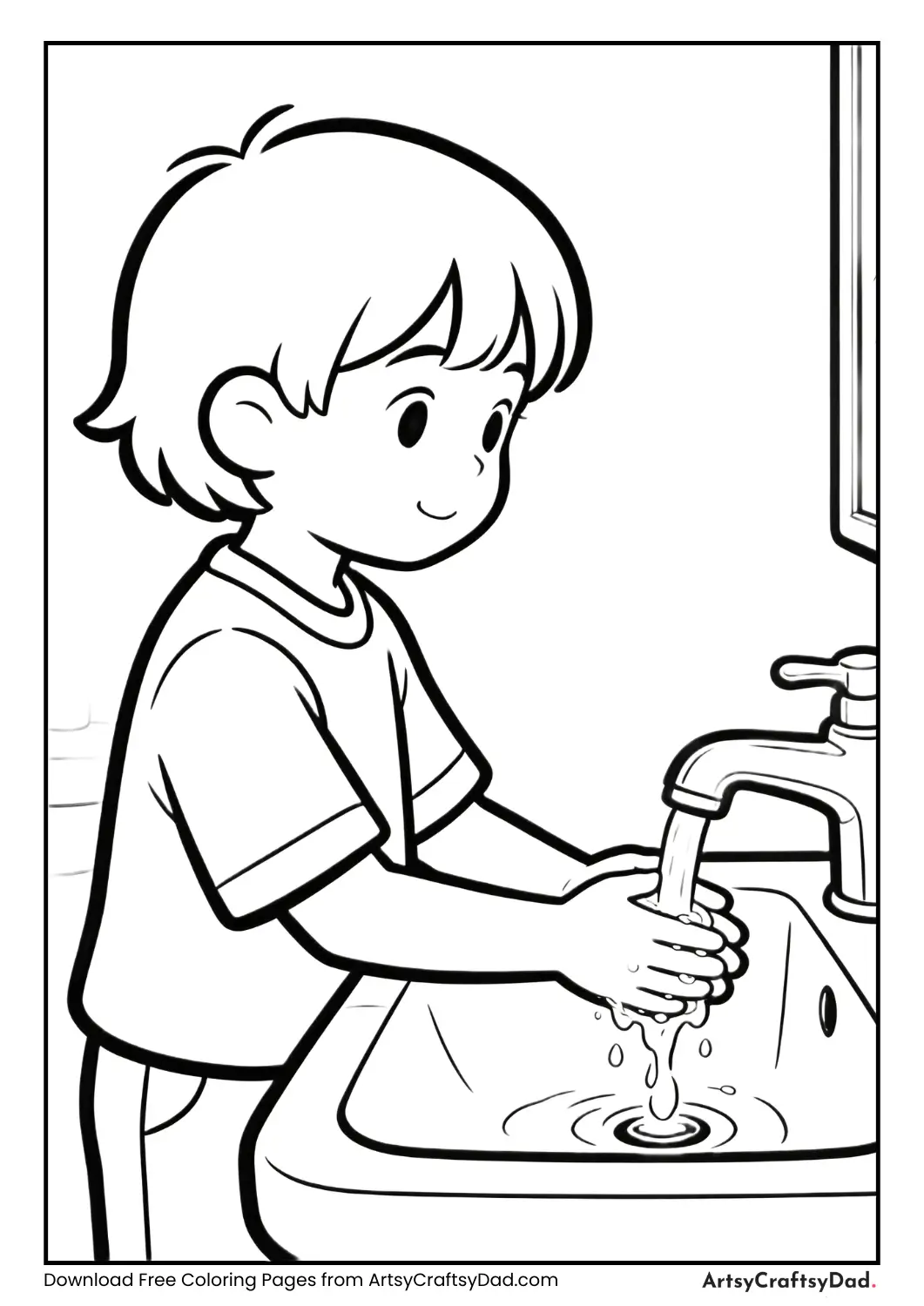 Child turning on water tap for hand washing.
