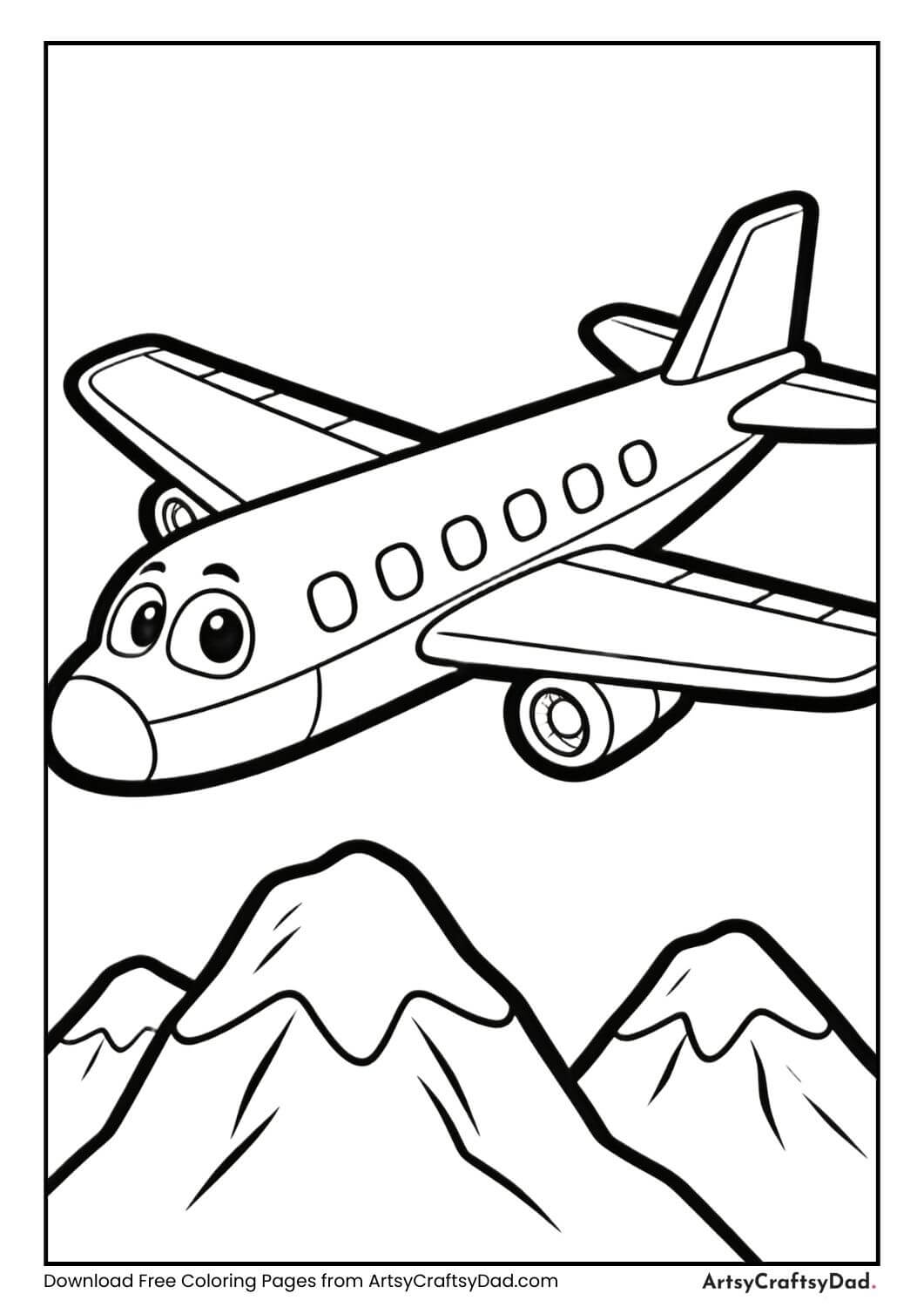 Airplane flying over mountains coloring page