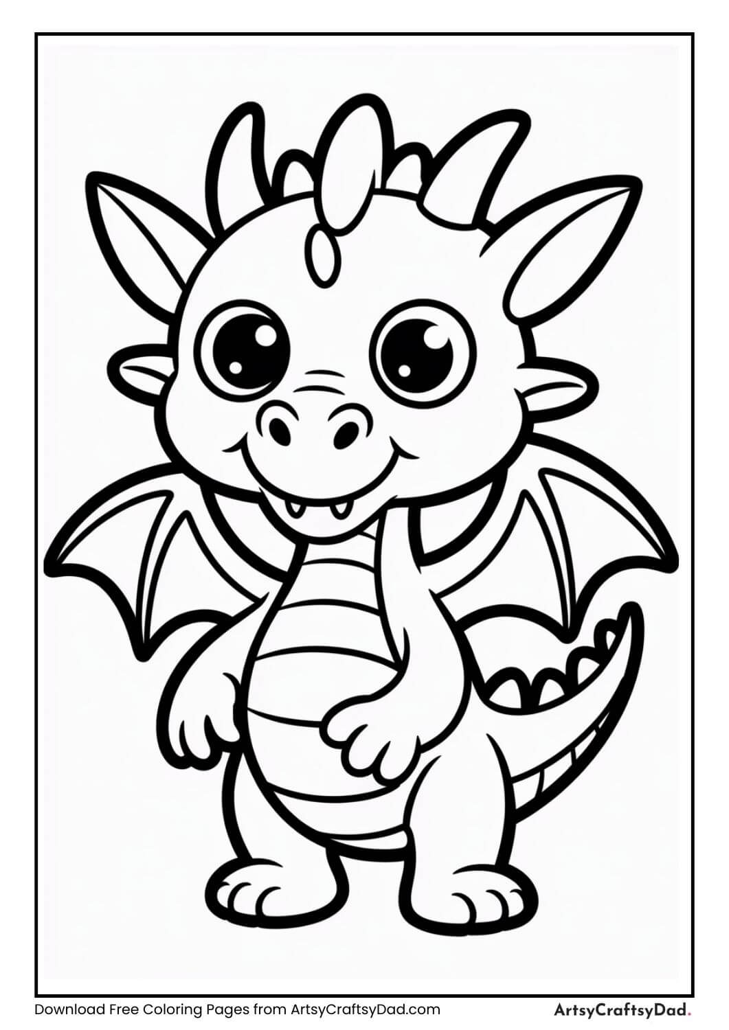 Cute big-eyed dragon black and white coloring page